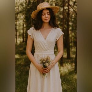 Monteau Cream Ruffle Sleeve Mini Dress. Linen blend.‎ Medium